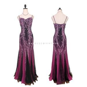 Vintage Alyce Prom Dress Maxi Gown 6 Pink Black Y2K Silk Bead Mermaid Glam Goth